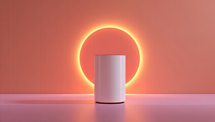 Minimalist, cylindrical pedestal, bathed in warm, glowing light.  A bright,  pale-orange circle illuminates the pedestal.  