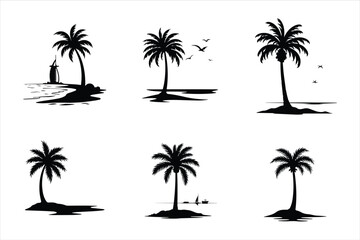 Fototapeta premium set of coconut trees on the beach,palm, tree, beach, tropical, vector, summer, sea, island, illustration, sun, nature, travel, silhouette, landscape, sunset, ocean, sky, design, vacation, water, cocon