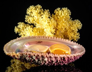 Marine treasures iridescent shell holds gem-like contents, backed by textured yellow plant, reflecting on a glossy black surface