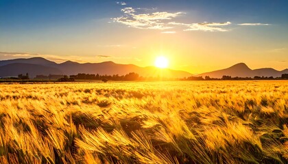 Golden wheat field at sunset over mountains
