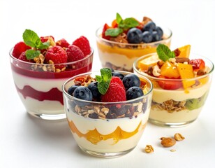 Four layered fruit parfaits in clear glasses, topped with mint and granola, display vibrant colors and textures on a clean white surface