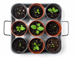 Overhead view of nine small plants growing in terracotta pots, arranged neatly in a square formation on a metal tray against a white backdrop
