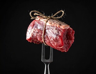 Rolled, seasoned beef roast is secured with twine and impaled on a silver fork, set against a solid black background