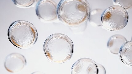 Close-up of transparent glass spheres with reflective surfaces, arranged against a soft white background.