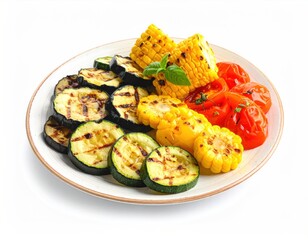Grilled zucchini, corn, and tomatoes served on a round white plate, isolated on a white background, featuring colorful healthy eating