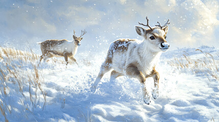 Reindeer Calf Playfully Hopping Through Deep Snow with Fluffy Fur and Mother Grazing Under Bright Winter Sky