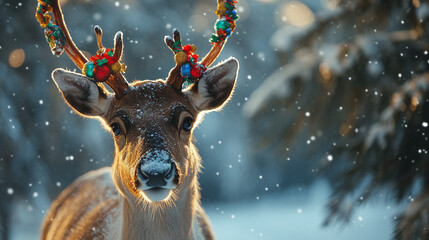 Close-Up of Reindeer with Colorful Holiday Decorations on Antlers Standing in Snowy Clearing Among Frost-Covered Pine Trees