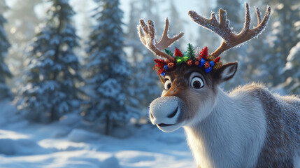 Close-Up of Reindeer with Colorful Holiday Decorations on Antlers Standing in Snowy Clearing Among Frost-Covered Pine Trees