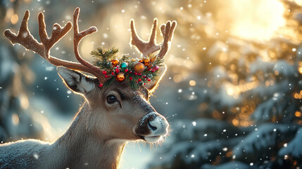 Close-Up of Reindeer with Colorful Holiday Decorations on Antlers Standing in Snowy Clearing Among Frost-Covered Pine Trees