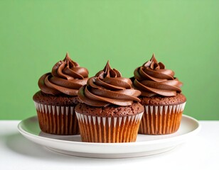 Three frosted chocolate cupcakes stand on a white plate against a bright green background, simple, yummy, tempting dessert