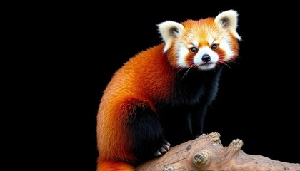 Obraz premium A red panda perched on a stark black background, showing its rich fur and markings, bushy tail, fur
