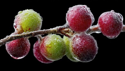 Close-up of frosted grapes on a branch