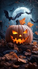 Obraz premium Spooky Halloween Pumpkin with Bats and Moon