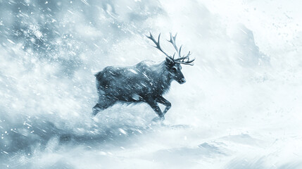 Reindeer Standing in Snowstorm with Thick Fur as Snowflakes Swirl Around in a Wild, Windswept, and White Winter Landscape