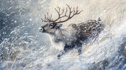 Reindeer Standing in Snowstorm with Thick Fur as Snowflakes Swirl Around in a Wild, Windswept, and White Winter Landscape
