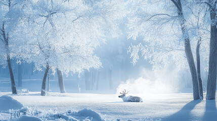 Reindeer Resting in Snowy Glade with Visible Breath and Rising Mist Surrounded by Frosted Trees in Peaceful Winter Atmosphere
