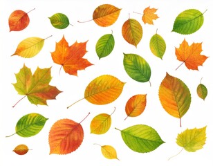 Diverse collection of colorful autumn leaves in varying shapes and shades of orange, green, and yellow, scattered against a white background