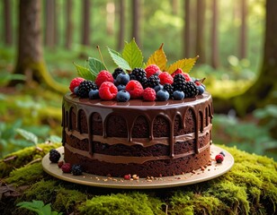 Chocolate cake adorned with berries & autumn leaves sits atop moss in a serene forest clearing bathed in sunlight