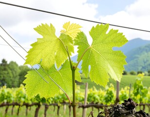 Fresh grape leaves sprout in vineyard