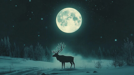 Silhouetted Reindeer Under Glowing Full Moon with Silver-Lit Antlers in Snowy Field Beneath Dancing Northern Lights in Arctic Night