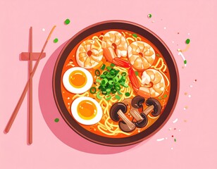 Top-down view of vibrant ramen bowl with shrimp, egg, mushrooms, & green onions, alongside chopsticks on a salmon-pink background