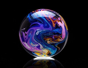 A glossy sphere swirls with vibrant shades of blue, purple, pink, and gold against a black backdrop