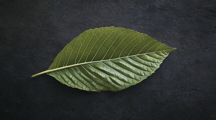 Single Green Leaf Illuminated by Soft Diffused Light Against Dark Background Highlighting Intricate Veins and Natural Textures