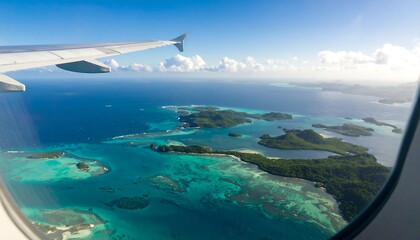 Aerial view of tropical islands from airplane window. Lush green islands dot a vibrant turquoise ocean, framed by a partly cloudy sky. Airplane wing visible at the top