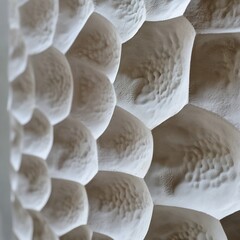 Closeup of a white textured surface with a scalelike pattern, creating a threedimensional and organic appearance