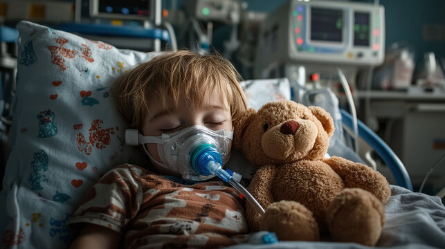 Small Child Sleeping in Pediatric ICU Bed with Oxygen Mask, Surrounded by Medical Machines and Soft Teddy Bear in a Calm, Comforting Room