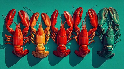 Row of lobsters in varying colors on a turquoise background.