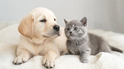 A golden retriever puppy and a gray kitten resting together on a soft blanket, showcasing a heartwarming moment of interspecies companionship.