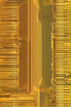 Close-up view of intricate gold circuitry, vertical lines and patterns, resembling a detailed circuit board