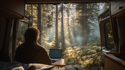 Remote working experience in serene forest nature retreat laptop setup calm environment peaceful view mindfulness