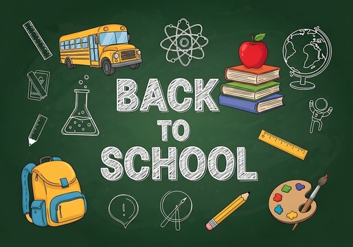 Colorful back to school doodle illustration featuring classic scholastic elements on chalkboard background