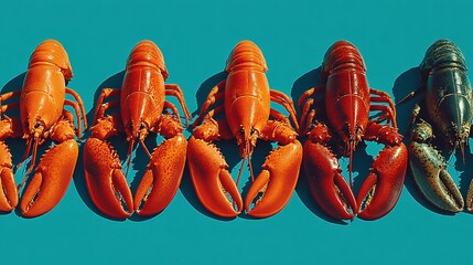 Row of lobsters in varying colors on a blue background.