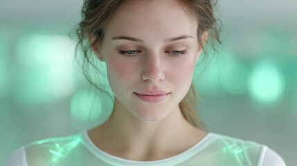 Close Up of Woman's Face with Holographic Overlay and Futuristic Interface Glow in Soft Focus Teal Green Background Cinematic HDR