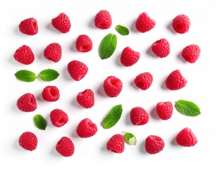 Bright, ripe raspberries and mint leaves are scattered on a clean white background creating a simple, attractive food composition
