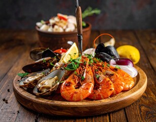 Grilled shrimps & mussels, garnished with lemon & herbs, served on wood board, over table. Salad bowl in background