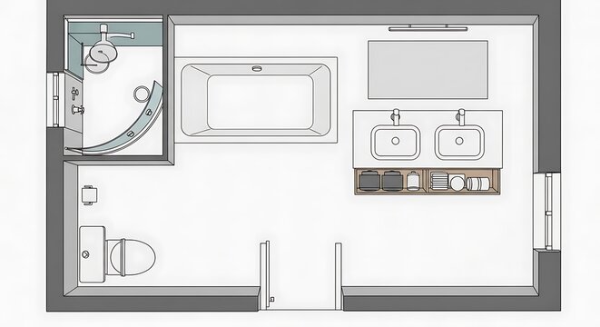 A compact bathroom layout design featuring a shower, bathtub, and double vanity, showcasing a thoughtfully organized space.