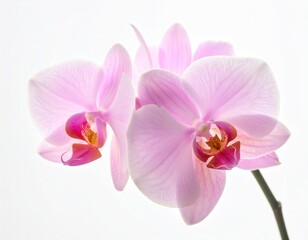 Close-up shot of delicate pink orchids with magenta and orange centers, against a clean white background. Stem visible on the lower right