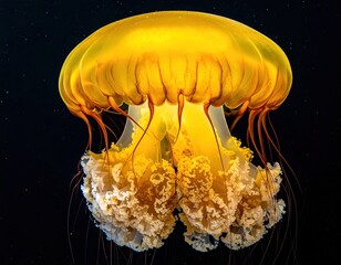 A mesmerizing golden jellyfish pulsates in deep ocean, illuminated against dark backdrop, its tentacles elegantly cascading