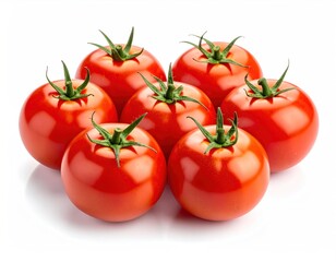 Seven ripe, vibrant red tomatoes, still with green stems, arranged closely together against a clean white background, creating a fresh display