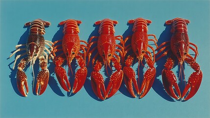 Five crawfish lined up on a blue background showing color variation.