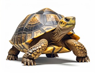 A tan & black tortoise stands alert on white ground, with detailed shell, bumpy legs, and focused gaze, isolated for impactful simplicity