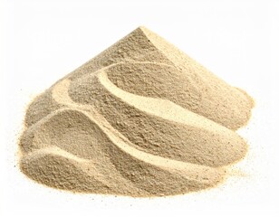 Isolated tan sand pile, with smooth waves and a conical top, resting on white backdrop, creating shadows and textures, filling the frame