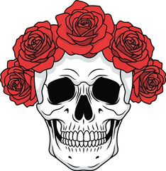 Macabre beauty of a skull adorned with a vibrant rose crown, symbolizing life and death