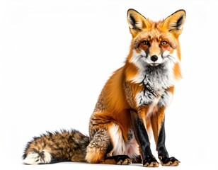 A red fox sits, front paws down, on a white background. The fox has bright orange fur, black legs, and a fluffy, striped tail