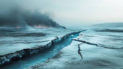 Cracked Melting Arctic Ice Sheet with Blue Water Seeping Through and Smoke Rising from Distant Wildfires Highlighting Environmental Crisis