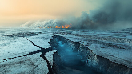 Cracked Melting Arctic Ice Sheet with Blue Water Seeping Through and Smoke Rising from Distant Wildfires Highlighting Environmental Crisis